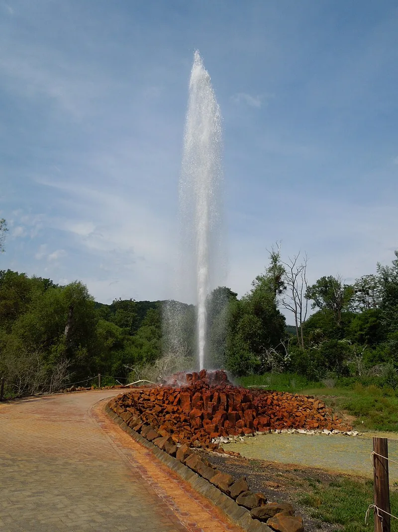 Die Fontäne des Geysirs Andernach schießt über dem Steinkegel auf dem Namedyer Werth in die Höhe